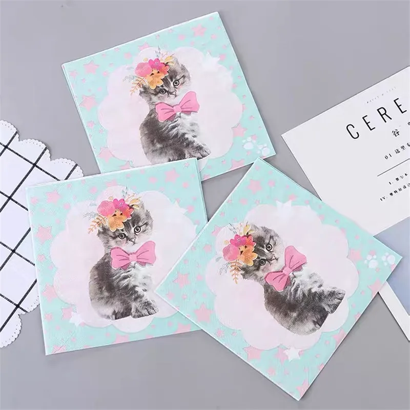 

10pcs 33*33cm Bow Cat Theme paper napkins serviettes decoupage decorated for wedding party virgin wood tissues