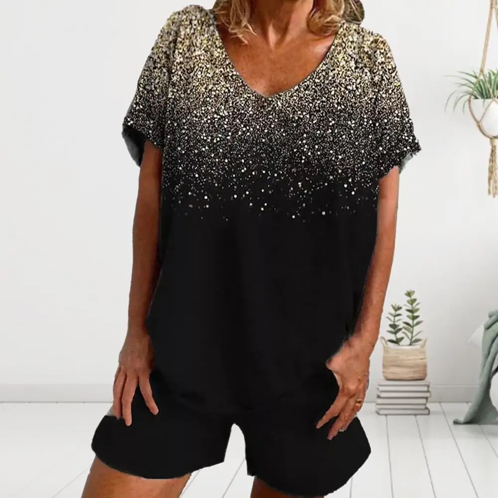 

2 Pcs/Set Women Outfit Set Fashion Stretchy Waist V Neck Summer T-shirt Shorts Set Vintage Printed Summer Tops Shorts Suit