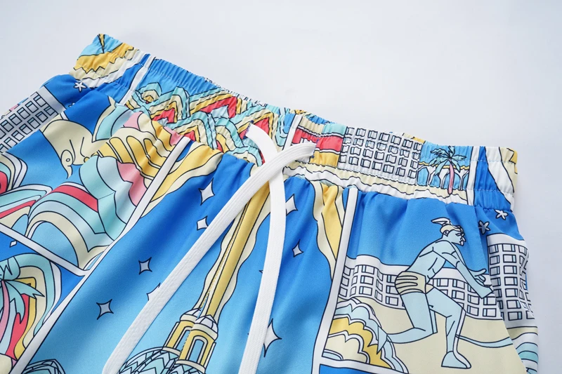 Seaside Castle Night Print Thin Silk Casablanca Short Set Men Women Hawaiian Beach Mesh Shortpant Shirts Suit