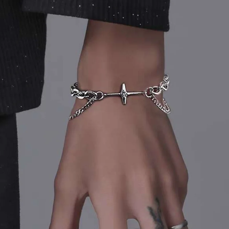 

Four-pointed Star Link Bracelet for Women Men Vintage Double Layers Pendant Bracelets Punk Hip Hop Bangle Fashion Jewelry Gifts