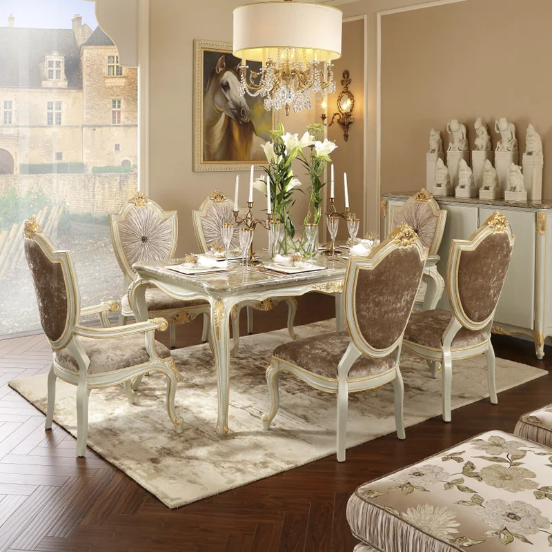 

European solid wood carved dining tables, chairs, French court villa luxury combination restaurant furniture customization