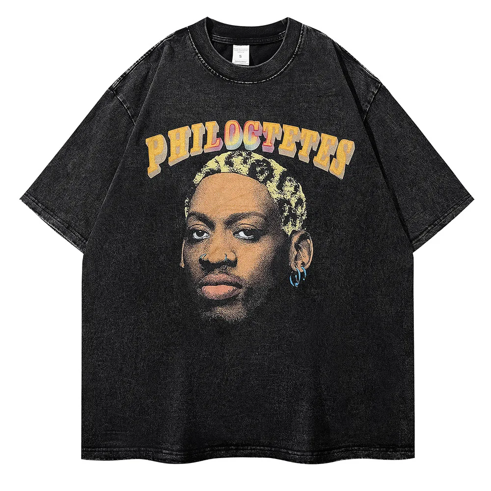 

Rodman Portrait Letter Printing Fashionable Hip-hop Themed Retro Loose Fitting Short Sleeves