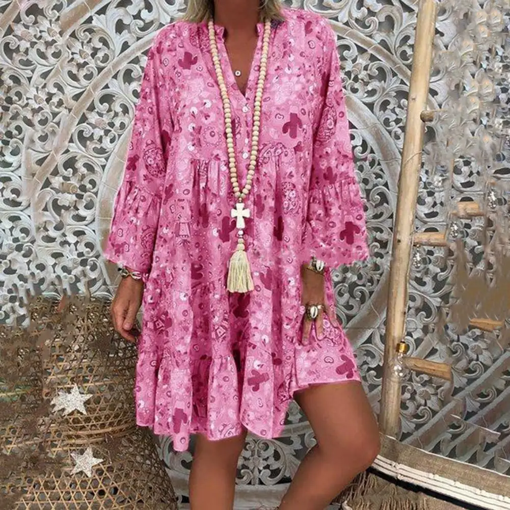 

Women Floral Print Dress Oversize Elegant Pleated Long Sleeve Casual Dresses Female V Neck Loose Bohemian Beach Holiday Dresses