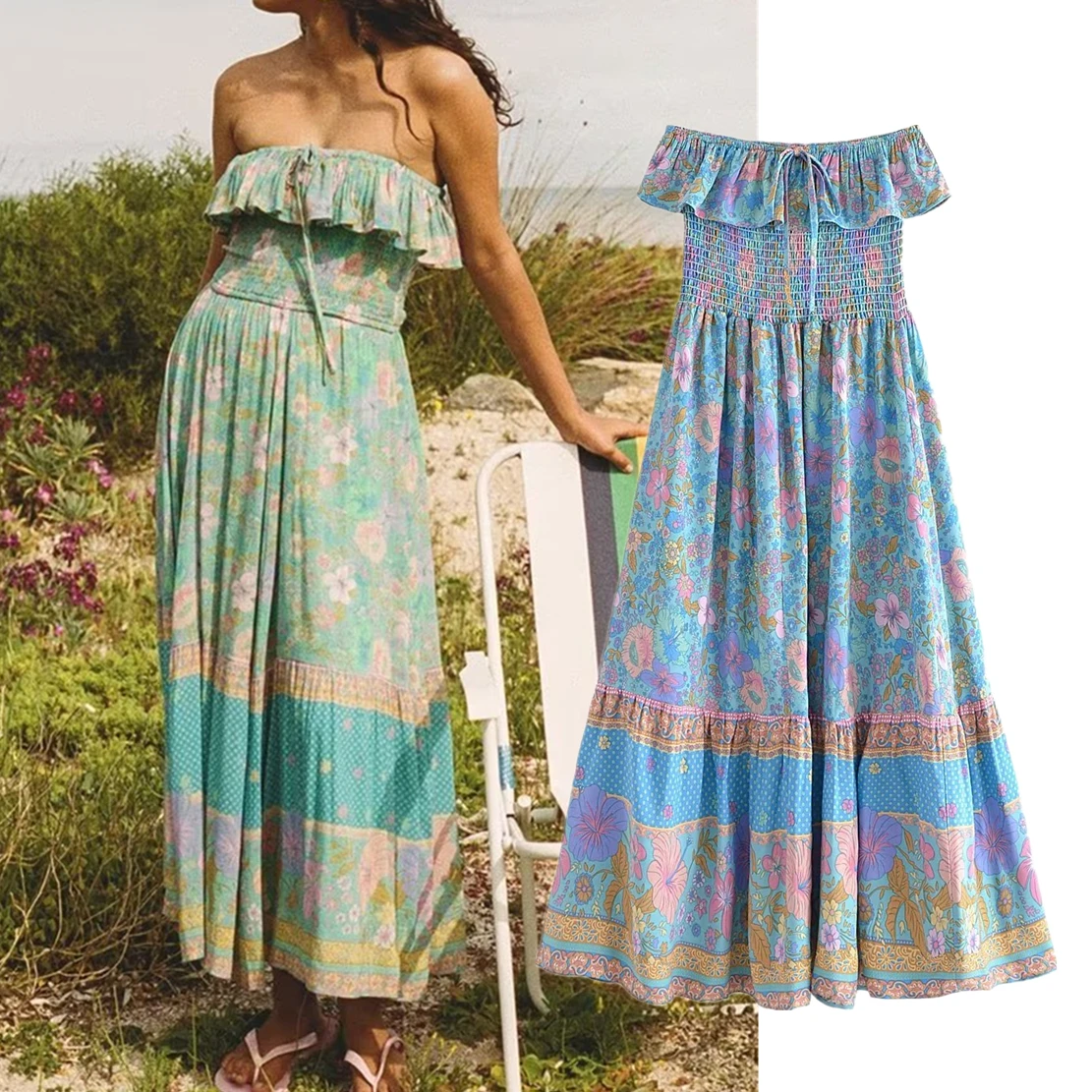 

Maxdutti 2023 Summer Vintage Dress Women Floral Printing Strapless Off Shoulder Casual Dress Cotton Bohemian Style