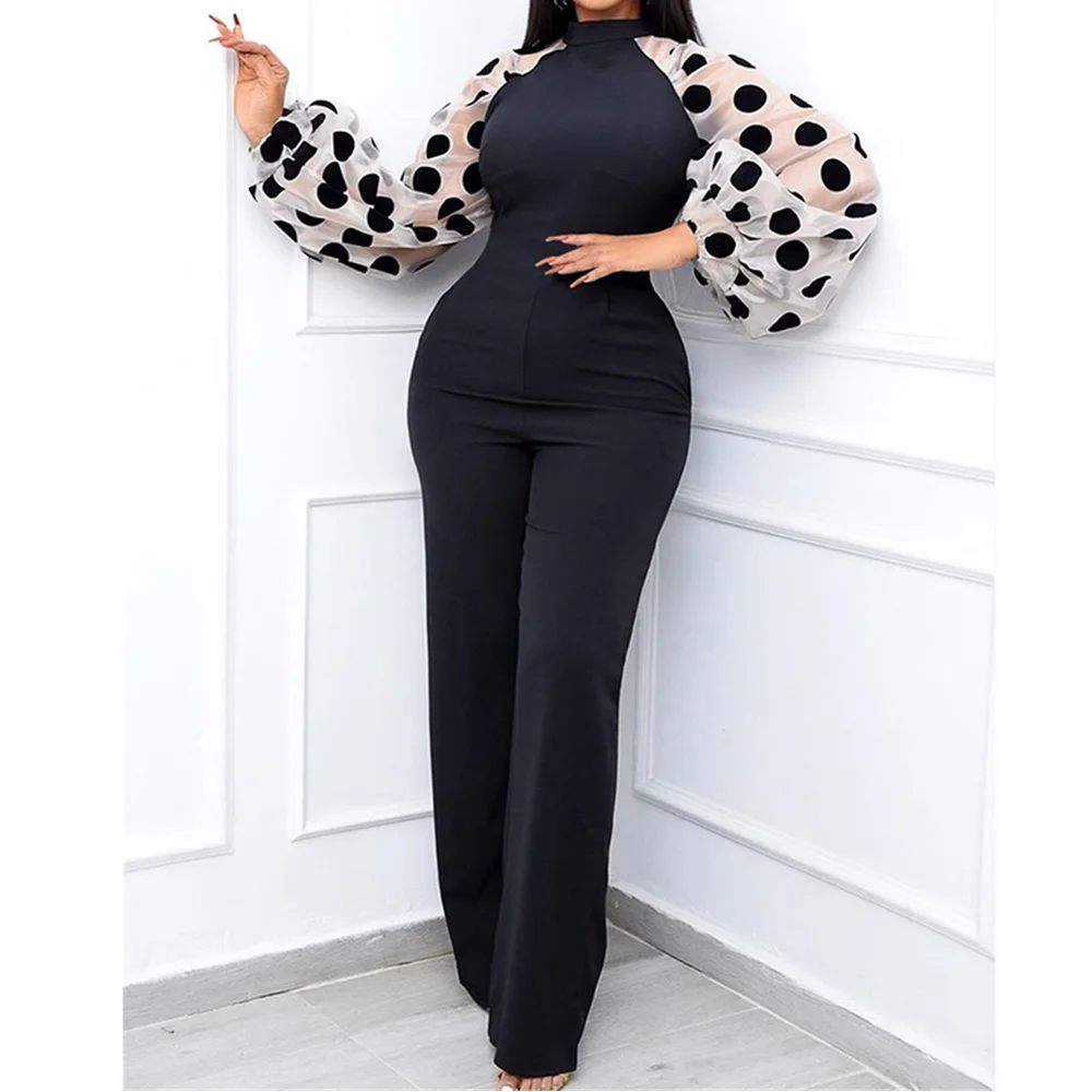 

Patchwork Sleeves Polka Dot See Through Jumpsuit Women 2022 Black Slim Wide Leg Pants One Piece Outfits Rompers Party Jumpsuits