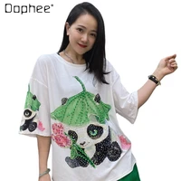 2022 summer new round neck pullover short sleeve top heavy industry beads cartoon bear loose casual half sleeves printed t shirt
