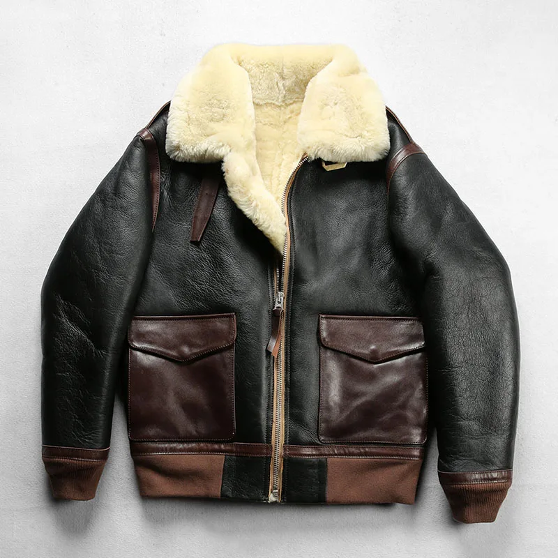 

2023 winter men's new American A2 pilot fur one lapel thickening warmth cold casual sheepskin fur flight suit leather jacket