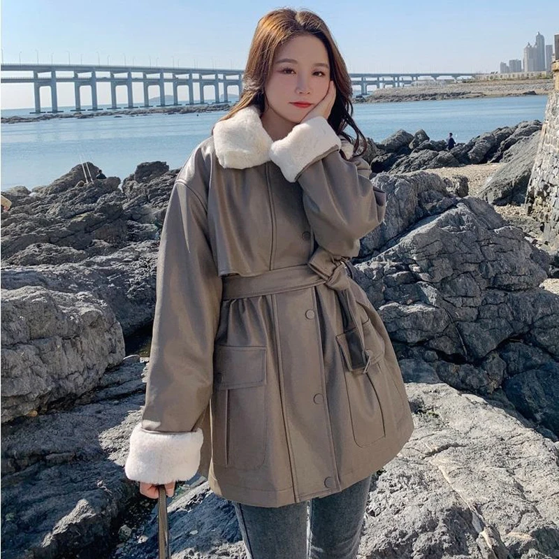 M GIRLS Women with Faux Rex Rabbit Fur Inside Warm Soft Thickened Fur Lined Coat Long Sleeve Winter Oversized Leather Jacket
