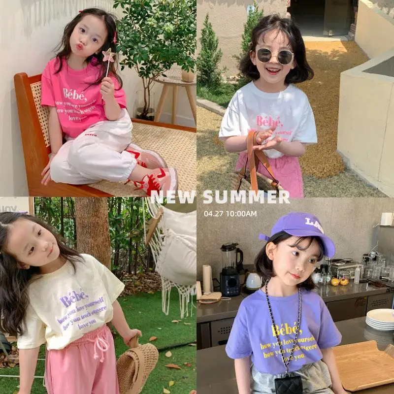 

2022 Girls Summer Round Neck Short Sleeve Printed Letter T-Shirt Children Clothes Shose for Kids Girls Fashion
