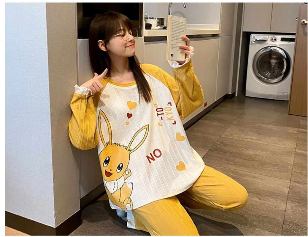 Spring Student Long-Sleeved Suit Pajamas Cotton Round Neck Inset Style Comfortable Breathable Clothes Wearable And Durable