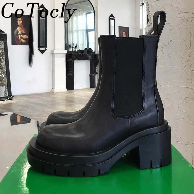 

Thick Sole Square Heels Short Boots Woman Genuine Leather Chelsea Boots British Style Shoes Women Platform Ankle Boots Women