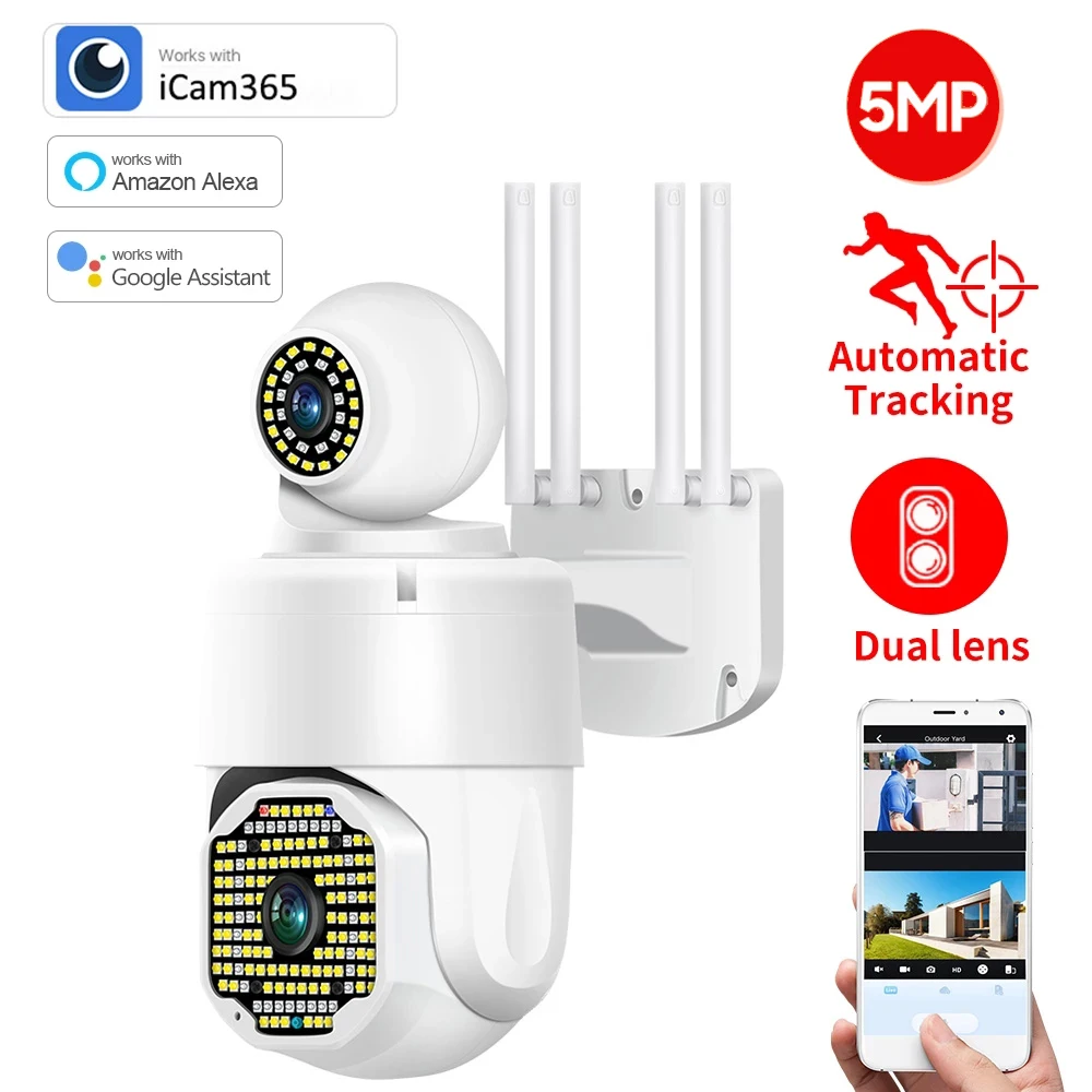 

HONTUSEC Dual Lens 5MP PTZ WiFi IP Camera Double Image Outdoor Auto Tracking 5X Zoom Motion Detection Support Alexa Google Home