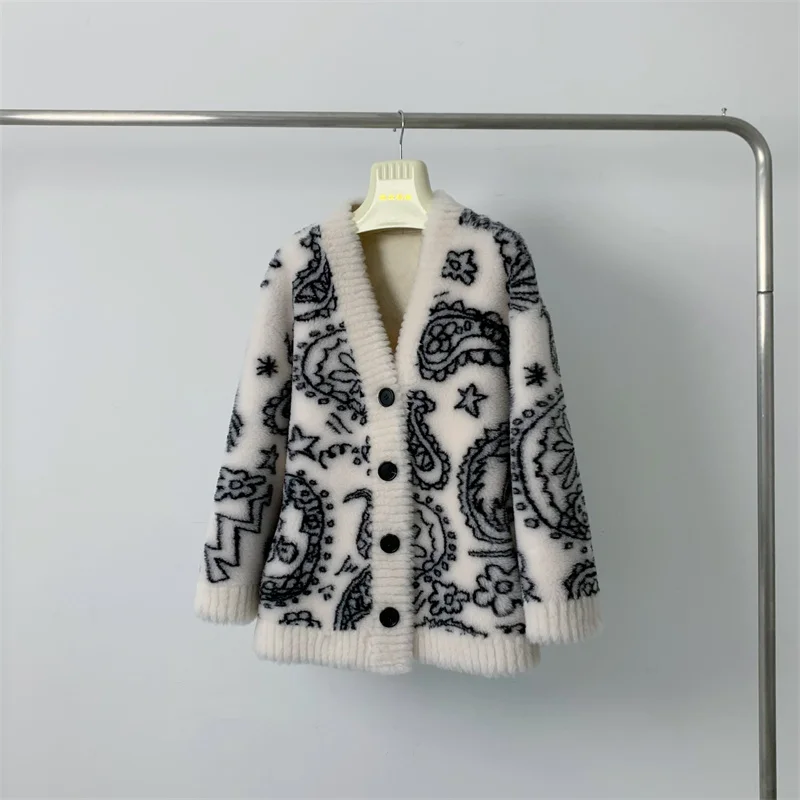 

100% genuine wool Cashew Flower Lamb Wool Cardigan Imported 2023 New Young Sheep Shearing Medium length Fur Coat Women's Winter