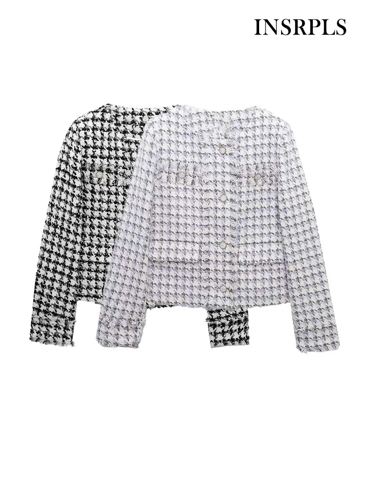 

Женский твидовый укороченный пиджак с потертостями, длинным рукавом и пуговицами спереди