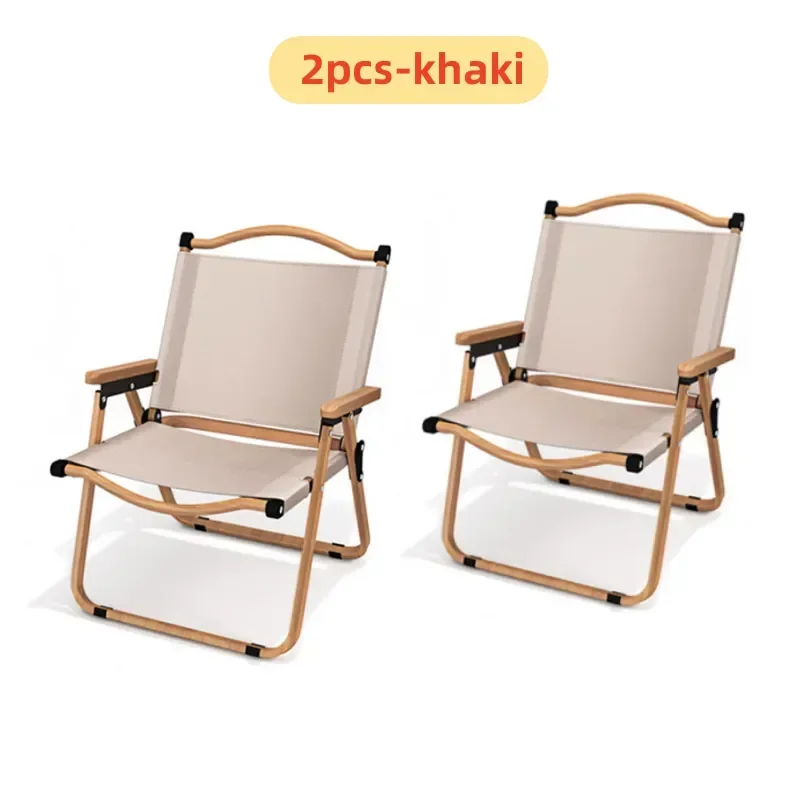 

2pcs Khaki Folding Chair Portable Outdoor Camping Chair Aluminum Alloy Wood Grain Folding Chair Camping Equipment Comite Chair