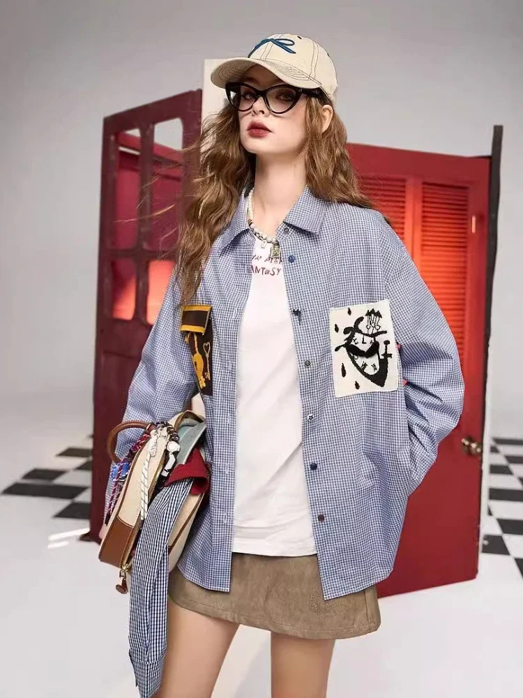 Осенняя новая синяя клетчатая свободная рубашка Y2K модная повседневная куртка с