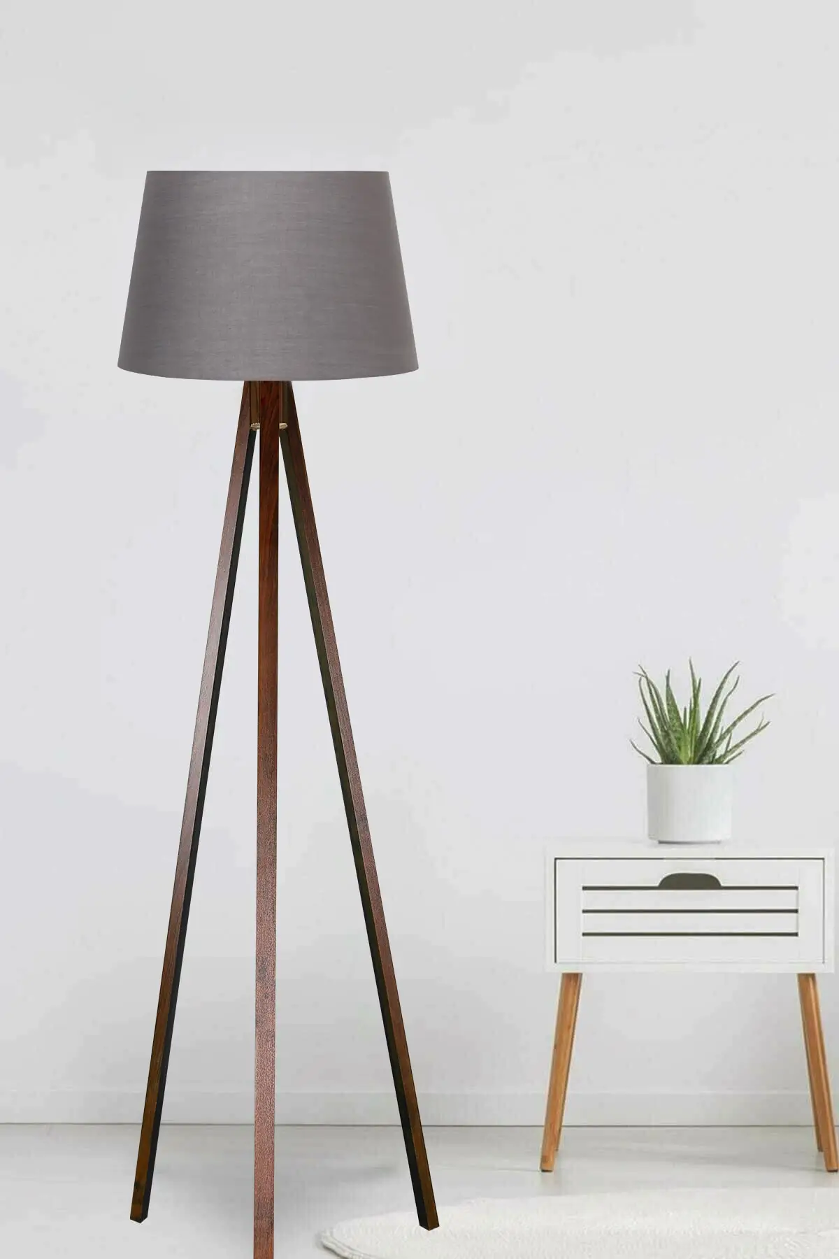 

3 Legs Floor Lamp Tripod Legs Three Legs Wooden Lampshade Conical Fabric Fume Headboard Brown Leg