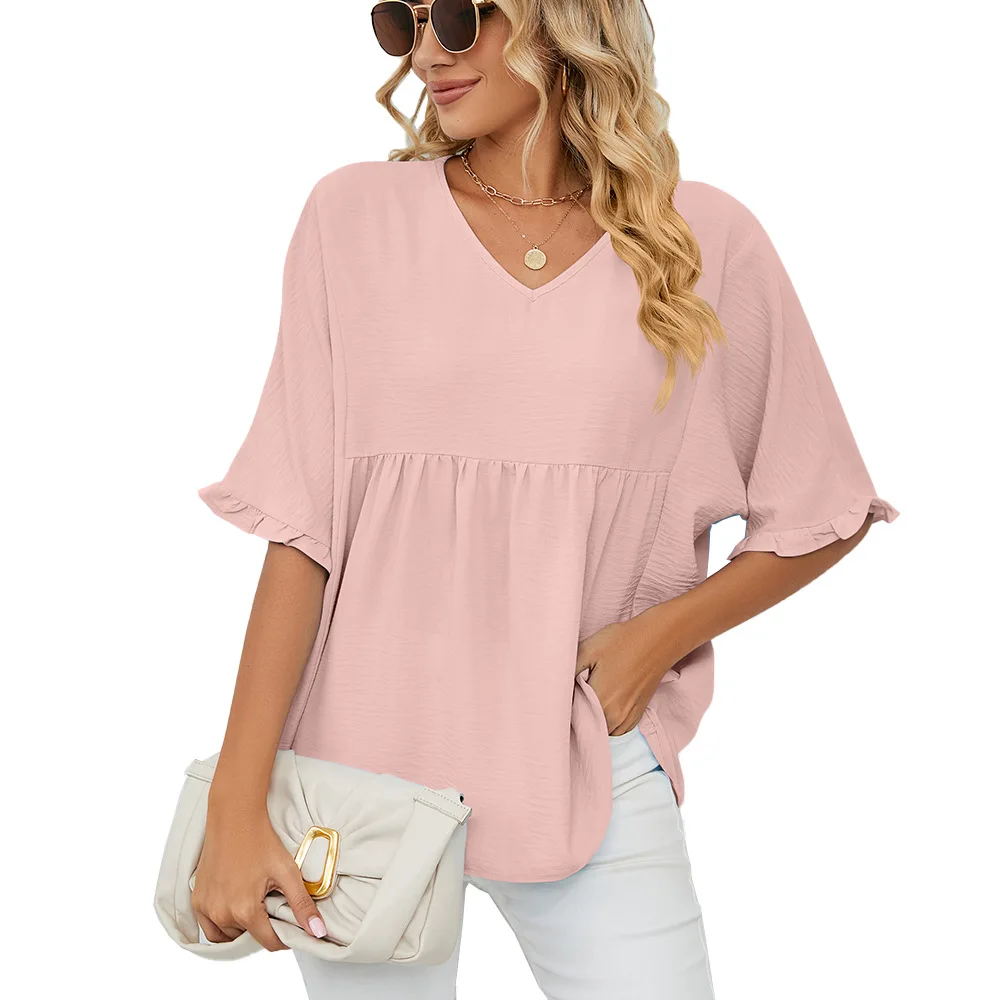 

Womens Female Fashion Casual Loose tops Shirts Blouse Shirts short sleeved New 2023