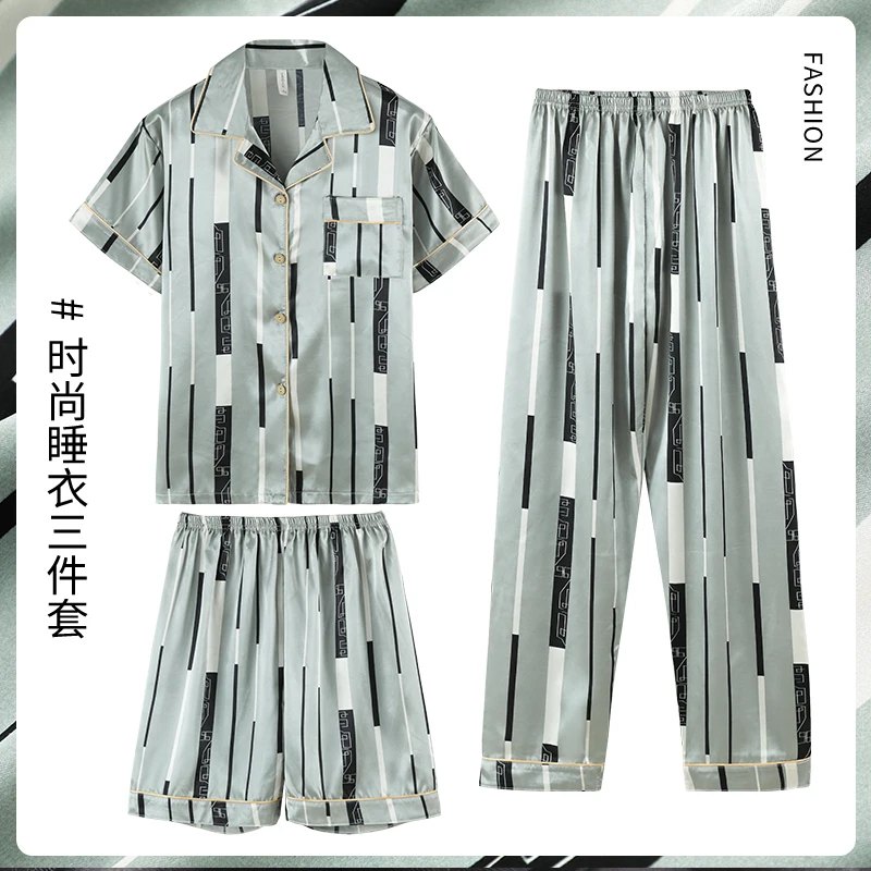 Fashion Summer Autumn 3 Piece Silk Men Pajamas Set Short Sleeve Shorts Oversize Homewear Lapel Collar Loungewear Pijamas for Man