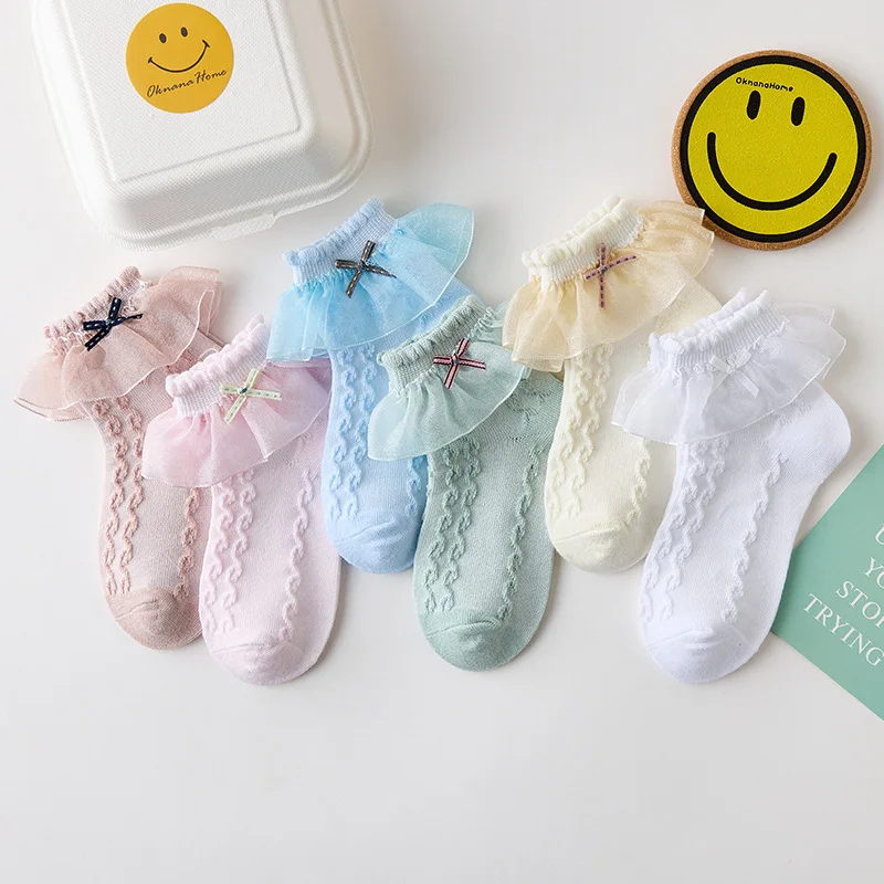 

6 Color New Girls Dance Sock Spring Cotton Children Bows Socks Trendy Elastic White Lace Flowers Ruffle Kids Cute Princess Socks