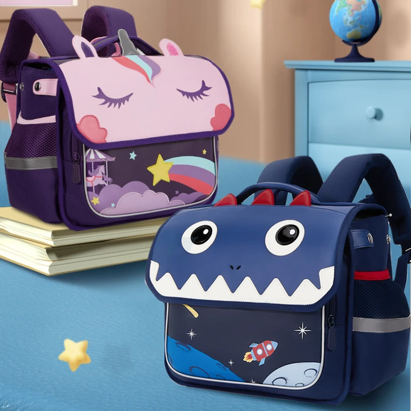 Girls Boys British Style Horizontal Grade 3-6 Students School Bags New Cute Cartoon Unicorn Dinosaur Children Fashion Backpacks