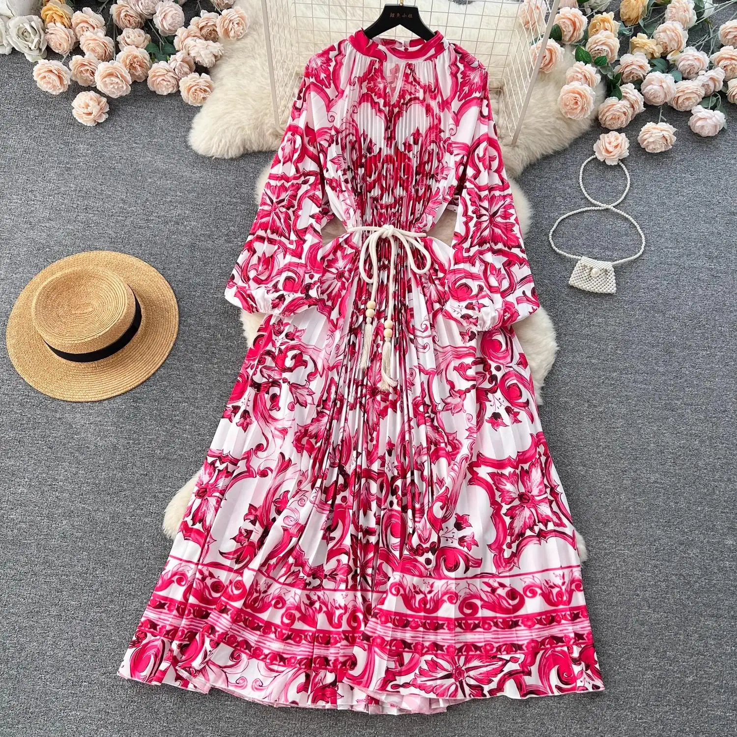 

Pleated Blue And White Porcelain Print Long Dress New Autum Women O Neck Lantern Sleeve Lace Loose Holiday Maxi Robe