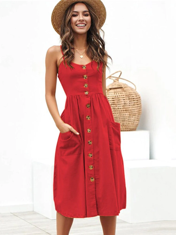 

2022 Summer Fashion Sexy Spaghetti Strap V Neck Backless Beach Dresses Women Casual Button Print Midi Dress Boho Party Dress