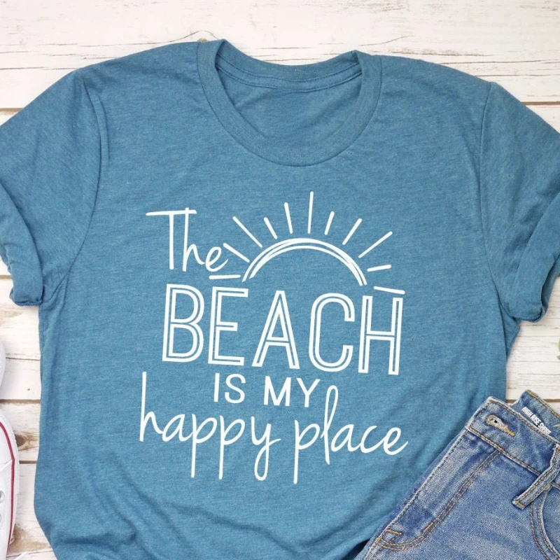 

Summer Women Colored T-shirt 2022 The Beach Is My Happy Place For Ladies High Quality Graphic Round Neck Tops