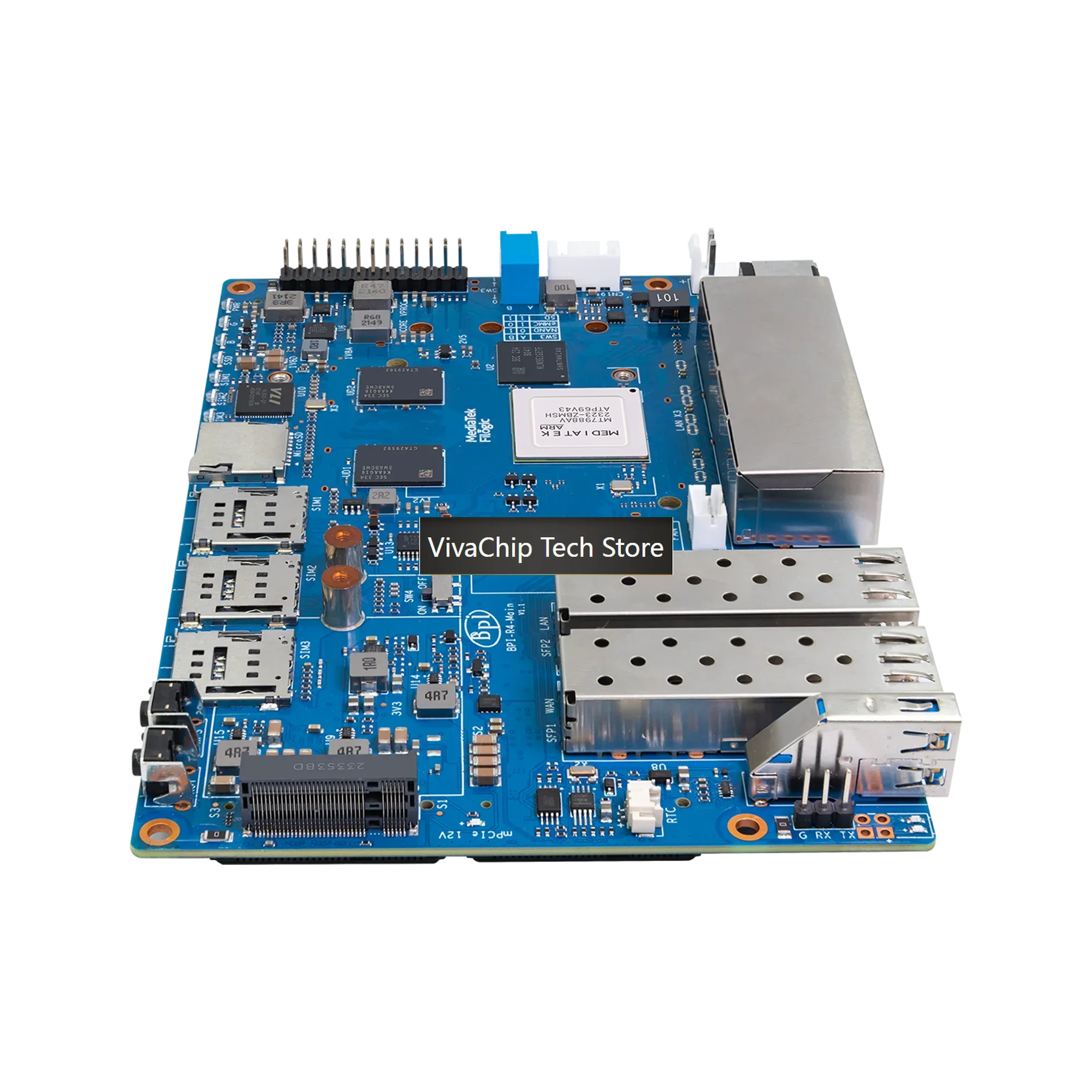 Фото VivaChip TechBanana Pi BPI-R4 4 ГБ DDR4 8 ГБ EMMC MediaTek MT7988A (Filogic 880) Четырехъядерный процессор Arm Cortex-A73, одноплатный компьютер с флеш-памятью №4