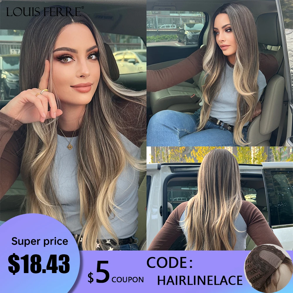 

LOUIS FERRE Hairline Lace Synthetic Wigs Long Wavy Brown Ombre Wigs for Women Middle Part Daily Cosplay Wigs Heat Resistant Hair