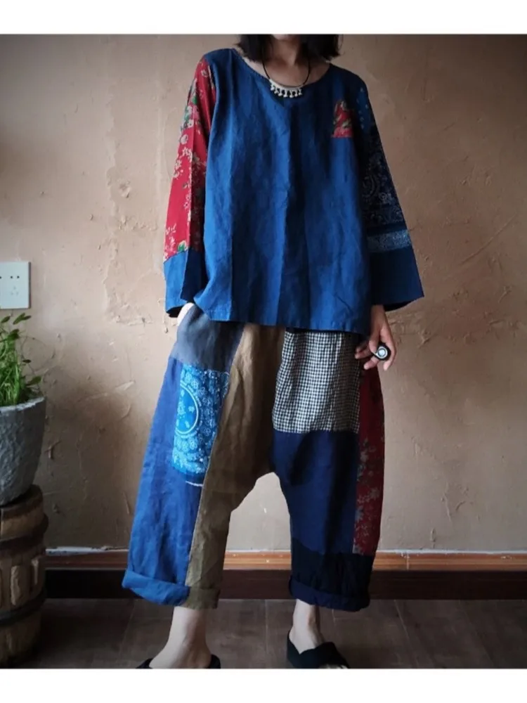 Брюки-султанки женские хлопково-льняные в стиле пэчворк свободные винтажные