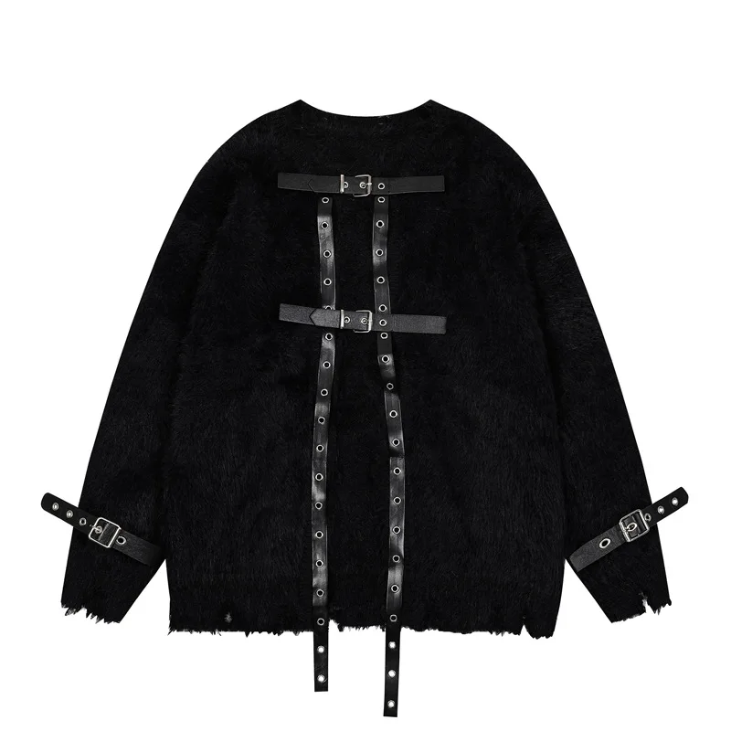 Мужской свободный трикотажный джемпер с кожаным ремешком