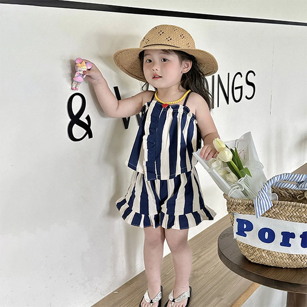 

Menoea Children Clothing Sets New Fashion Girls Striped Set Korean Summer Suspender Tops + Wide Leg Pants Two Piece Set Outfits