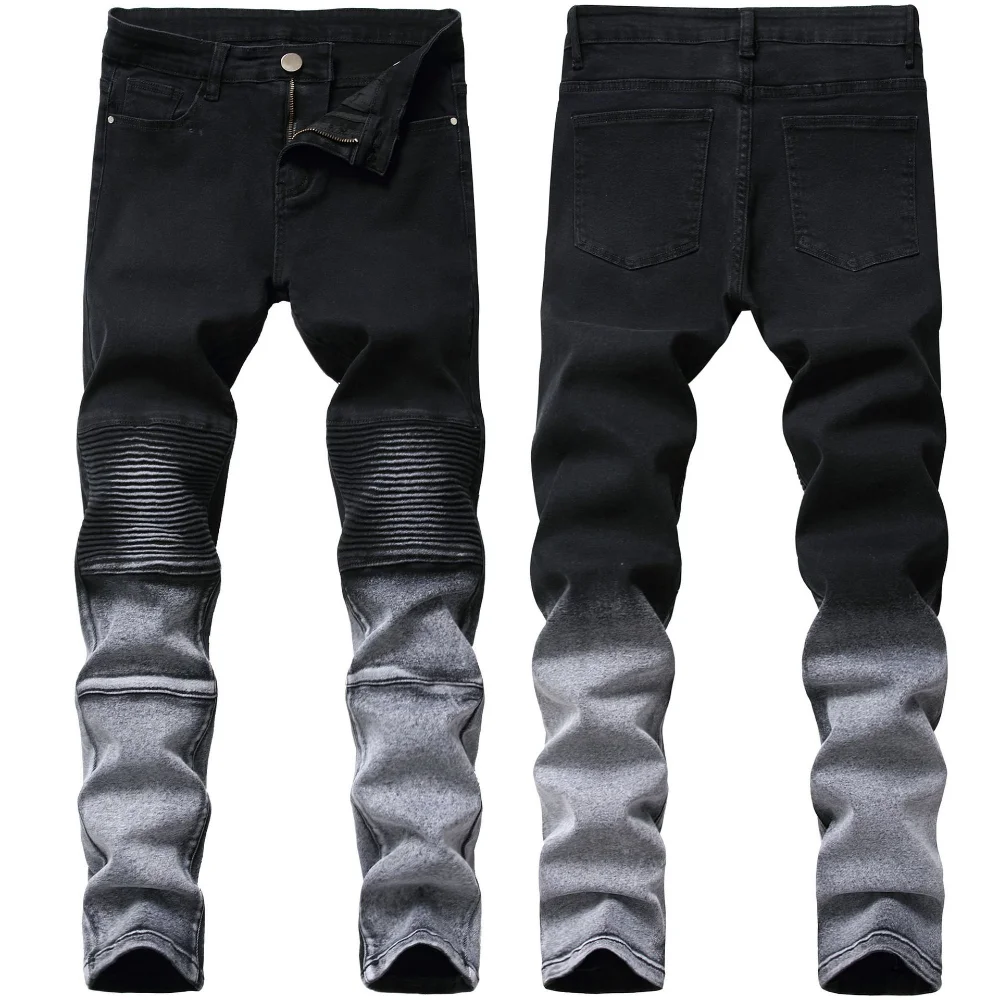 Spring Autumn New Men's Jeans Pleated Motorcycle Black Small Straight Slim Denim Pants Pleated Moto Trend Full Length Trousers