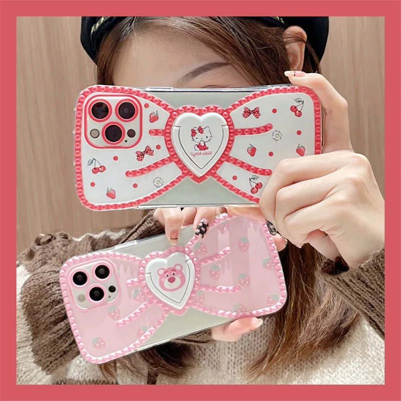 

Sanrio Hello Kitty Cartoon bear Stand bow tie Phone Case For Iphone 11 12 13 Pro Max Mini X Xs Xr 7 8 Plus Shockproof Cover
