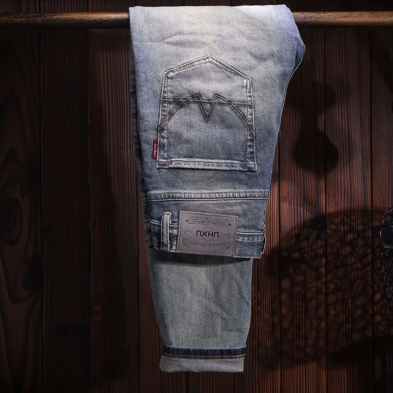 Fashion Designer Men Jeans High Quality Retro Blue Elastic Slim Fit Ripped Jeans Men Stretch Trousers Vintage Denim Pants Hombre
