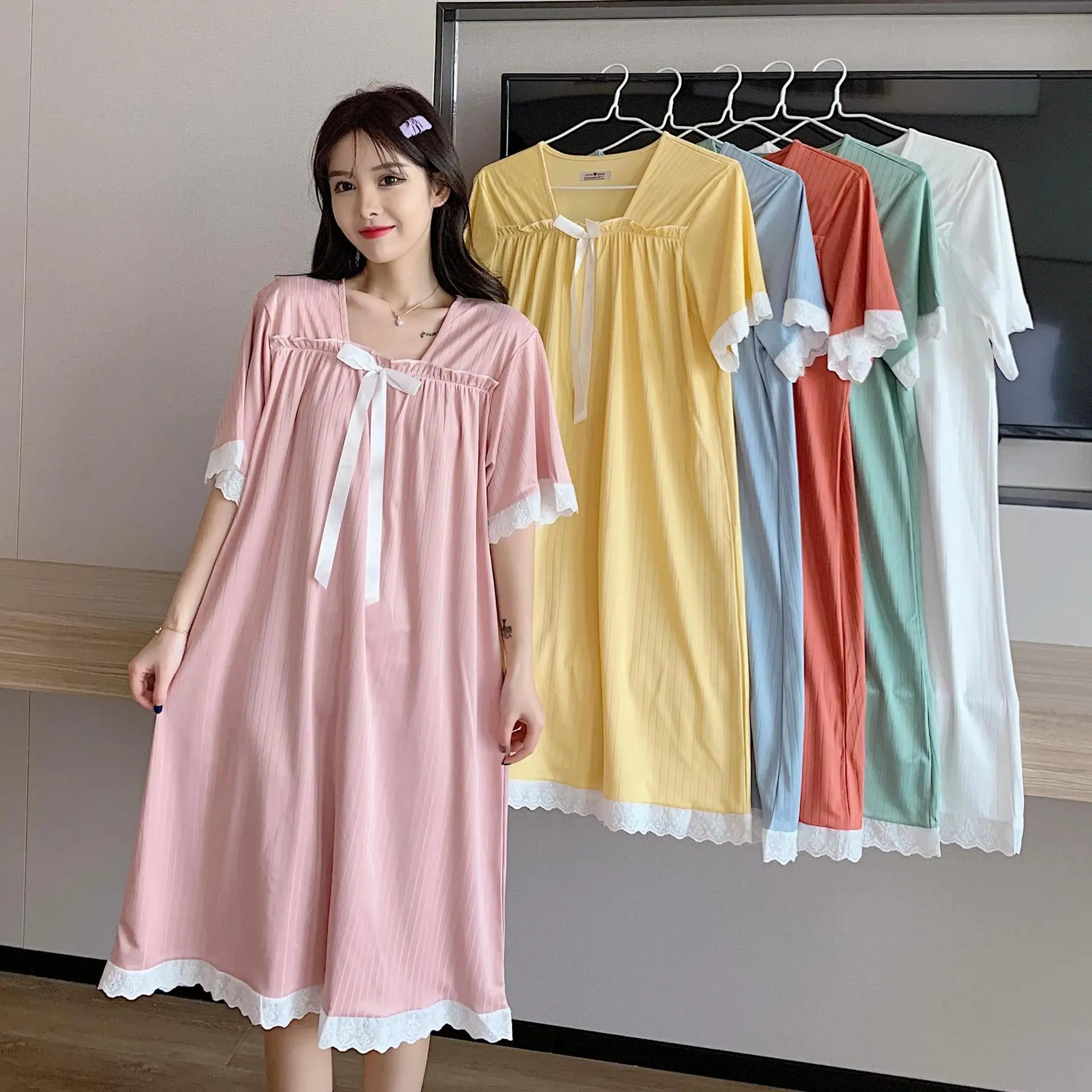 

Women Slash Neck Princess Home Dress Sweet Lace Trim Nightgown Loose Sleepwear Elegant Bow Home Clothes Cozy Nightwear Lingerie