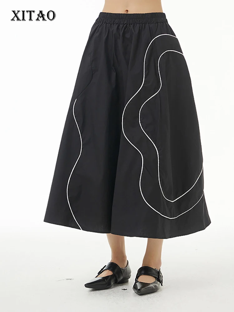 

XITAO/Модная Свободная юбка; Повседневная однотонная Яркая юбка трапециевидной формы с украшением в виде линии; Простая универсальная юбка; WMD1133