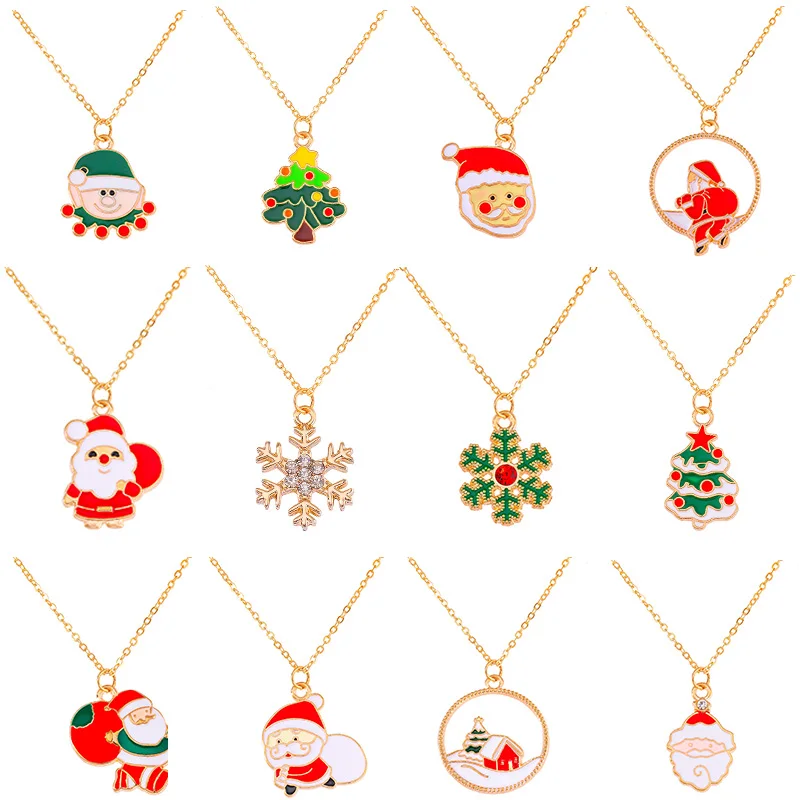 

Fashion Luxury Snowflake Christmas Tree Snowman Elk Enamel Pendant Christmas Necklace for Couples Party New Year Gift Wholesale