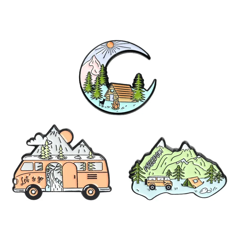 

New Touring Car Mountain Brooch Simple River Pine Hut Paint Alloy Brooch Badge Lapel Pins