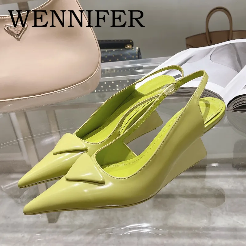 Leather 70mm Slingback Block Heel Pumps Pointed Toe Neon Yellow Chunky Heel Sandals Women Summer Runway Club Ankle Strap Sandals