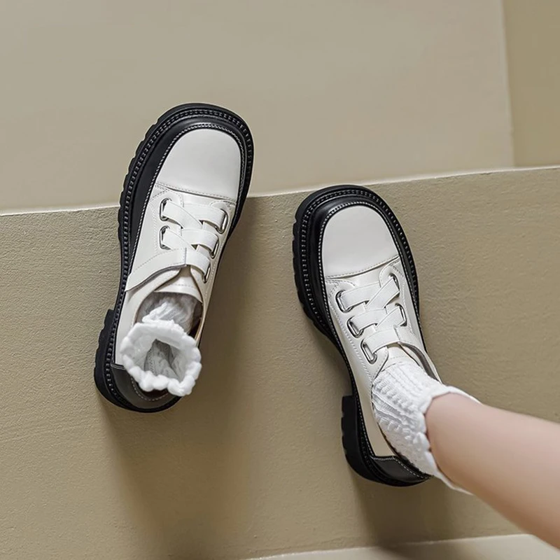 Retro Platform Flats Shoes Women Eco-friendly Leather Mixed Color Oxfords Square Toe Hook Loop Comfortable Work Ladies Shoes