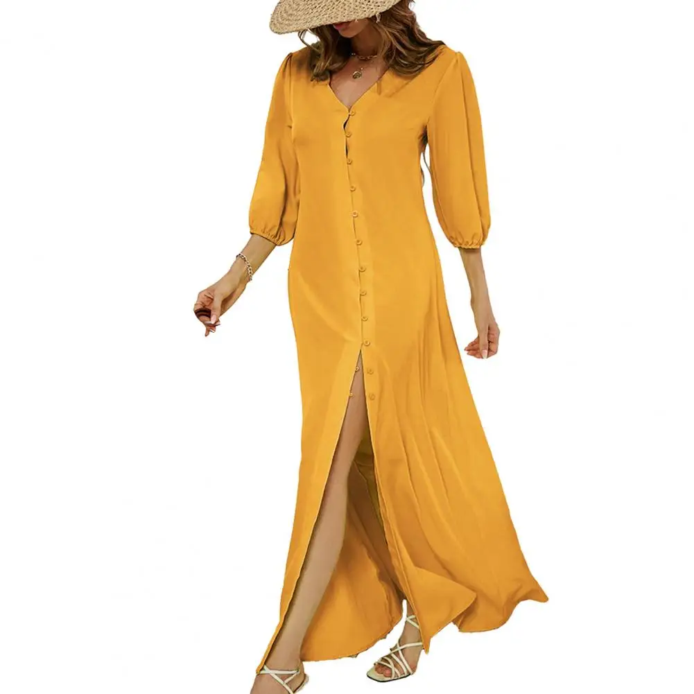

Ladies Dress Stylish Women's Maxi Dress V Neck Solid Color Loose Fit Ankle Length Split Hem Soft Breathable Fabric for Beach