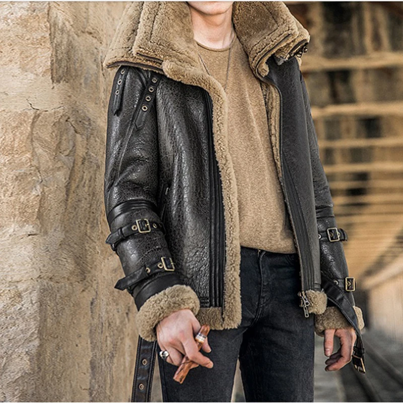 

winter men's fashion sheep fur sheepskin leather surface wool lining double collar design biker jacket coat