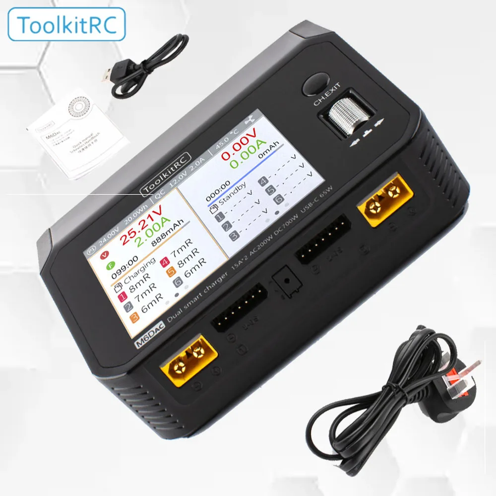 

ToolkitRC M6DAC Dual Smart Charger 350W x 2 USB-C 65W AC DC Discharger Battery Balance 15A for 1-6S Lipo LiHV Lion NiMh Pb Cell