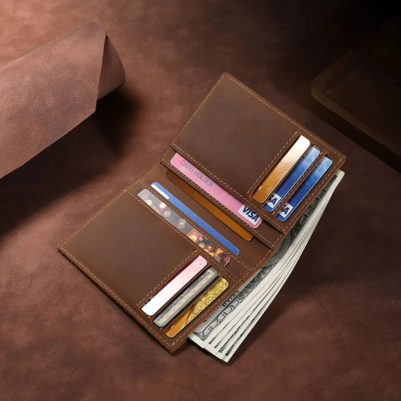 2023 New Vintage Fashion Genuine Leather Money Clip Simple Clip Crazy Horse Leather Men's Head Layer Cowhide Short  Wallets