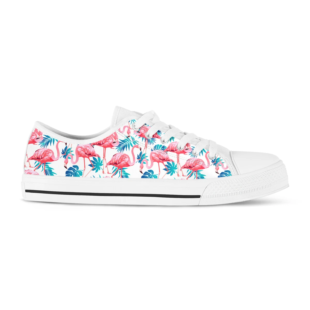 BKQU Women's Pink Flamingo Print Sports Shoes Canvas Shoes 2022 Lace Up Canvas Shoes White Blue Strappy Casual Shoes Flat Shoes