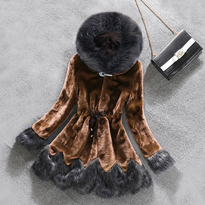2022 Elegant Faux Fur Coat Women Autumn Winter Mink Coats Fox Fur Collar Hooded Jacket Loose Thick Fur Coats Female Overcoats