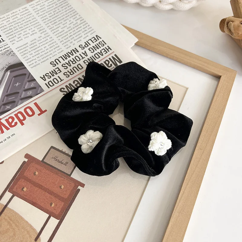 

New Camellia Retro Rubber Band Rhinestone Flower Sweet Girl Headdress Black White Hair Ties for Women Fashion Hair Accessories