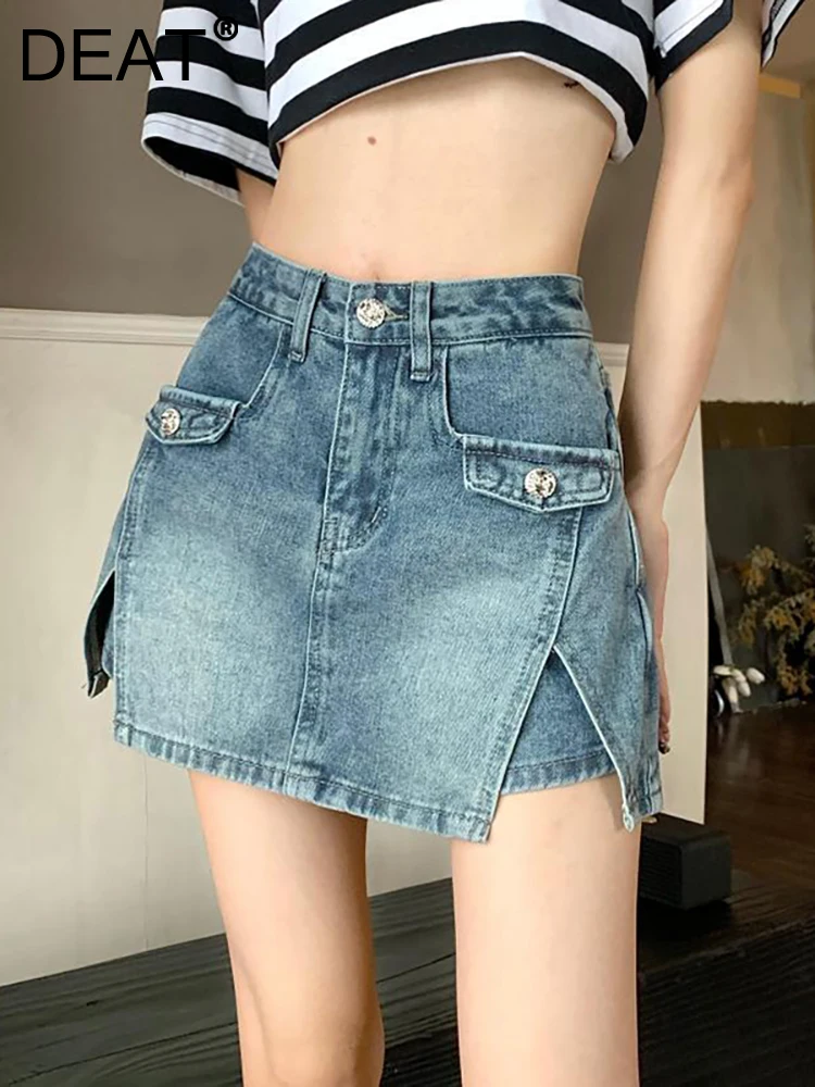 

Женская джинсовая юбка-трапеция DEAT, юбка с разрезом, высокой талией и карманами, модель 17A5787 на весну, 2023